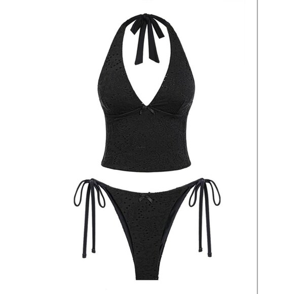 Seamoly Black X-Small Eyelet Jacquard Textured Bowknot Decor Halter Tankini NEW! - Picture 1 of 5
